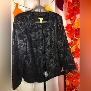 Choices | Women’s Black Jacket with Silver Metallic Paisley Print Pattern Coat